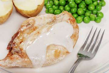 closeup baked chicken with mushroom sauce