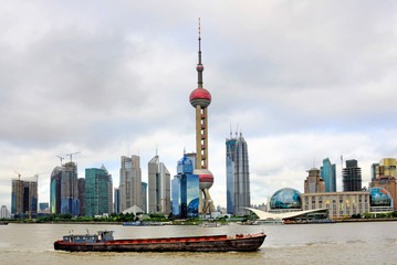 China Shanghai Pudong riverfront buildings.