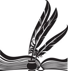 Black silhouette of the opened book and three quills