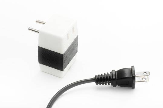American type power cable and voltage converter on white