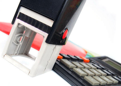 modern rubber stamp and calculator