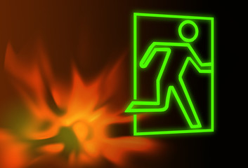 Emergency or fire exit sign with flames