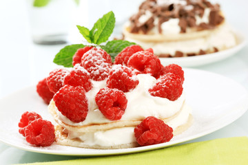 Pancakes with curd cheese and raspberries