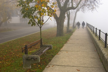 Two people walking on the cold foggy day
