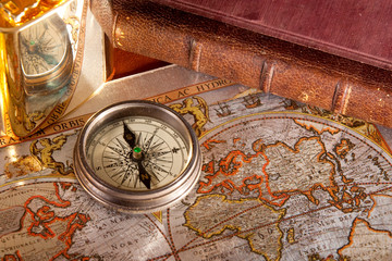 antique compass  and old map