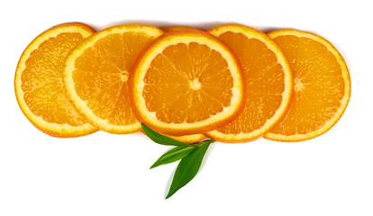 Orange slices with leaves isolated on white