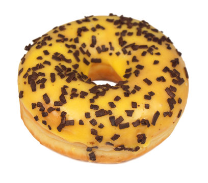 Yellow donut with chocolate isolated on white