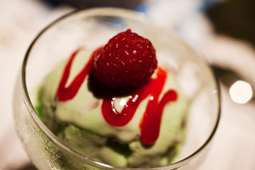Raspberry with ice cream dessert