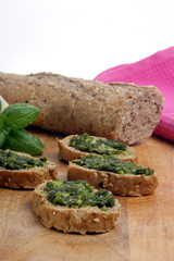 baguette as a snack with homemade fresh pesto