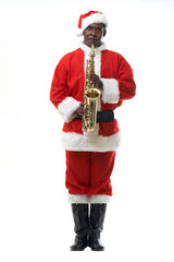 Naklejka premium black santa claus playing sax over white background