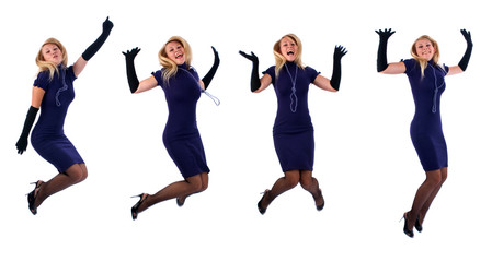 Beautiful woman jumping with joy isolated on white background