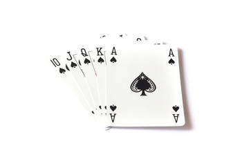 Royal flush cards over white background