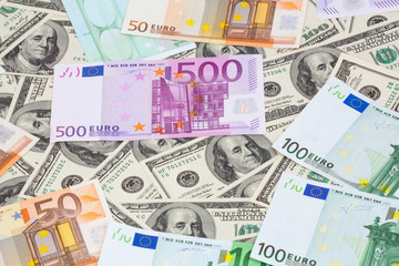 Dollars and euro banknote