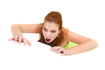 attractive woman crawling over white