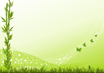 Obraz premium Background with bamboo branches, grass and butterflies.