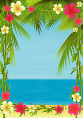 Fototapeta na wymiar A tropical beach framed by bamboo plumerias and palm trees.