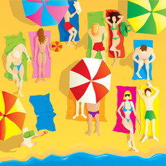 Beach scene, group of people sunbathing. Vector illustration.