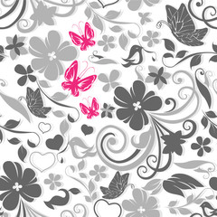 Obraz premium Seamless floral pattern with butterflies and birds