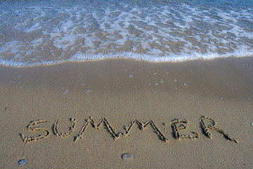 Summer title on the beach sands with below the waves