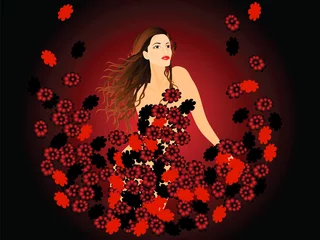 Rolgordijnen meisje en rode bloemen © Irina Zavodchikova