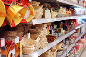 The shelves with goods in a supermarket