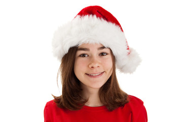 Girl in Santa's hat isolated on white