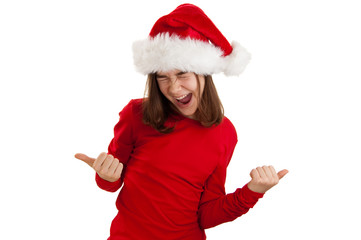 Girl in Santa's hat  showing OK sign isolated on white