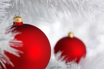 Red balls - Christmas decoration on silver bokeh