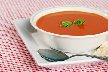 tomato soup focus on front edge of bowl