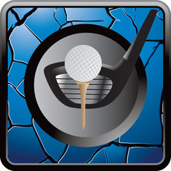 Golf ball on tee on blue cracked web button