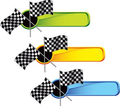 Racing checkered flags on various colored banners