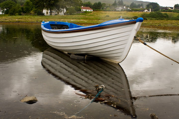 White boat during rainy day with reflections