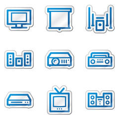 Audio video web icons, blue contour sticker series