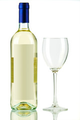 Bottle of white wine and empty wine glass