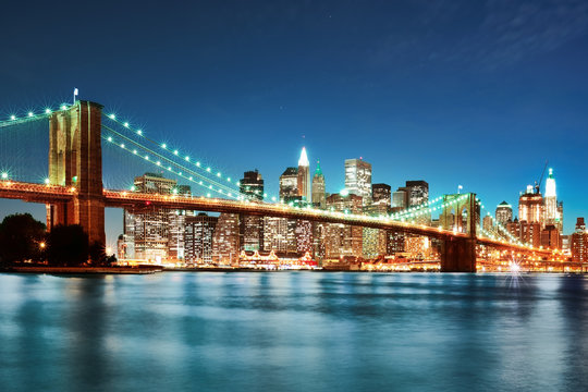 Fototapeta Fototapeta Most Brookliński i Manhattan w nocy panoramiczna