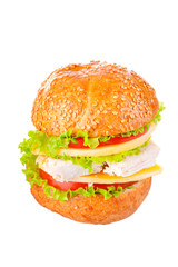 Sandwich with the chicken, cheese and vegetables.