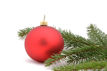 Red christmas ball with the twig of the spruce