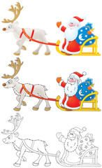Santa Claus drives in sleigh with reindeer