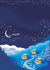 Fototapeta na wymiar Christmas background, long winter night with starry sky, vector