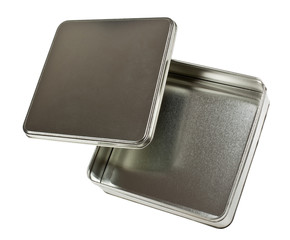 Square metal container with lid isolated on white background