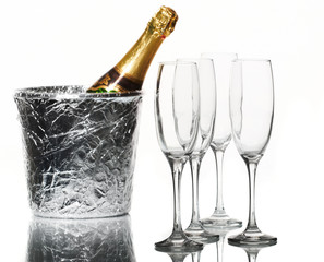 Champagne flutes and ice bucket