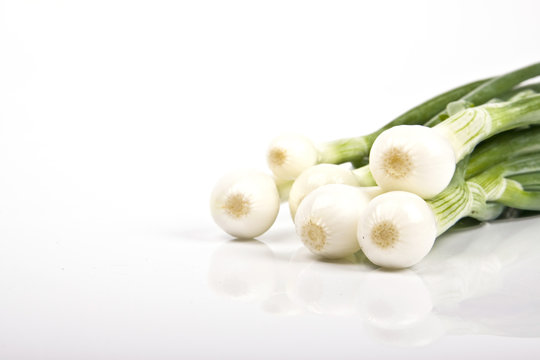 Fresh green garlic standing alone on a white background