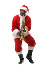 black santa claus playing sax over white background