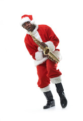 black santa claus playing sax over white background