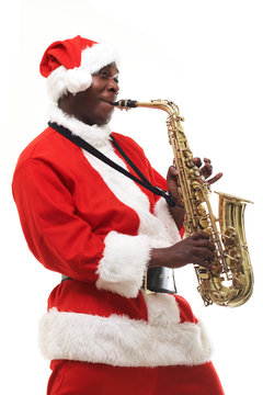 black santa claus playing sax over white background