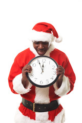 black santa claus holding a clock