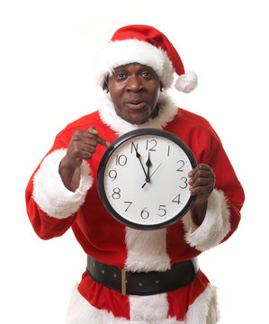 black santa claus holding a clock