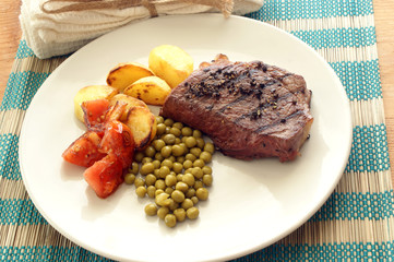 pepper steak with roasted potato on a plate