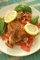 chicken and organic tomato salad and basil leaf