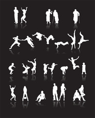 Silhouettes of people: fun children,young couples,sport teens